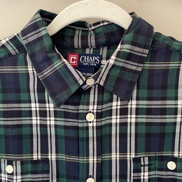 Chaps Youth Boy Green Black White Plaid Button Down Dress Shirt NWOT Sz XL 18 20 - Picture 2 of 5